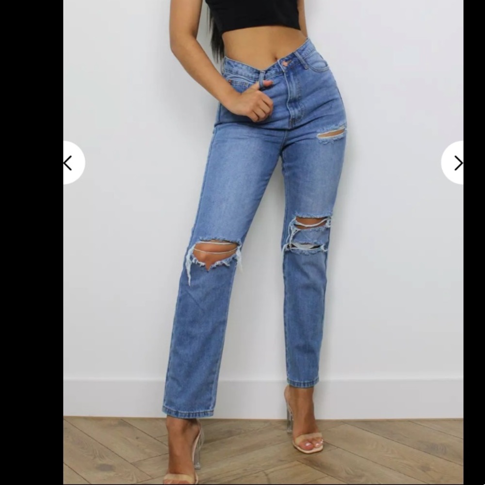 Missguided High Rise Distressed Blue Jeans